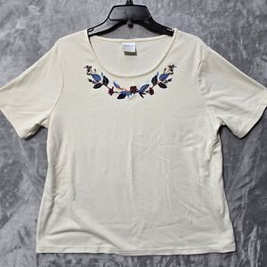 Bedford Fair Shirt Top Blouse Womens Large Ivory Floral Embroidered Neckline